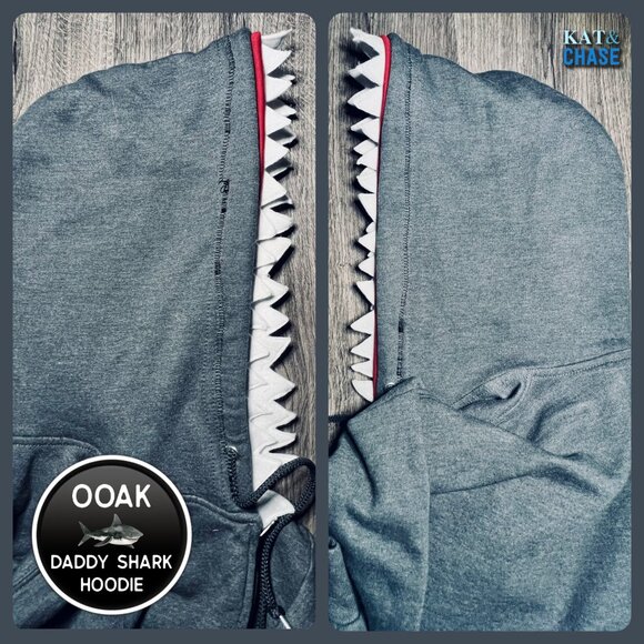 Grey Red Daddy Shark Zip Up Hoodie Mens Large Custom OOAK Father Family Costume - Picture 6 of 12